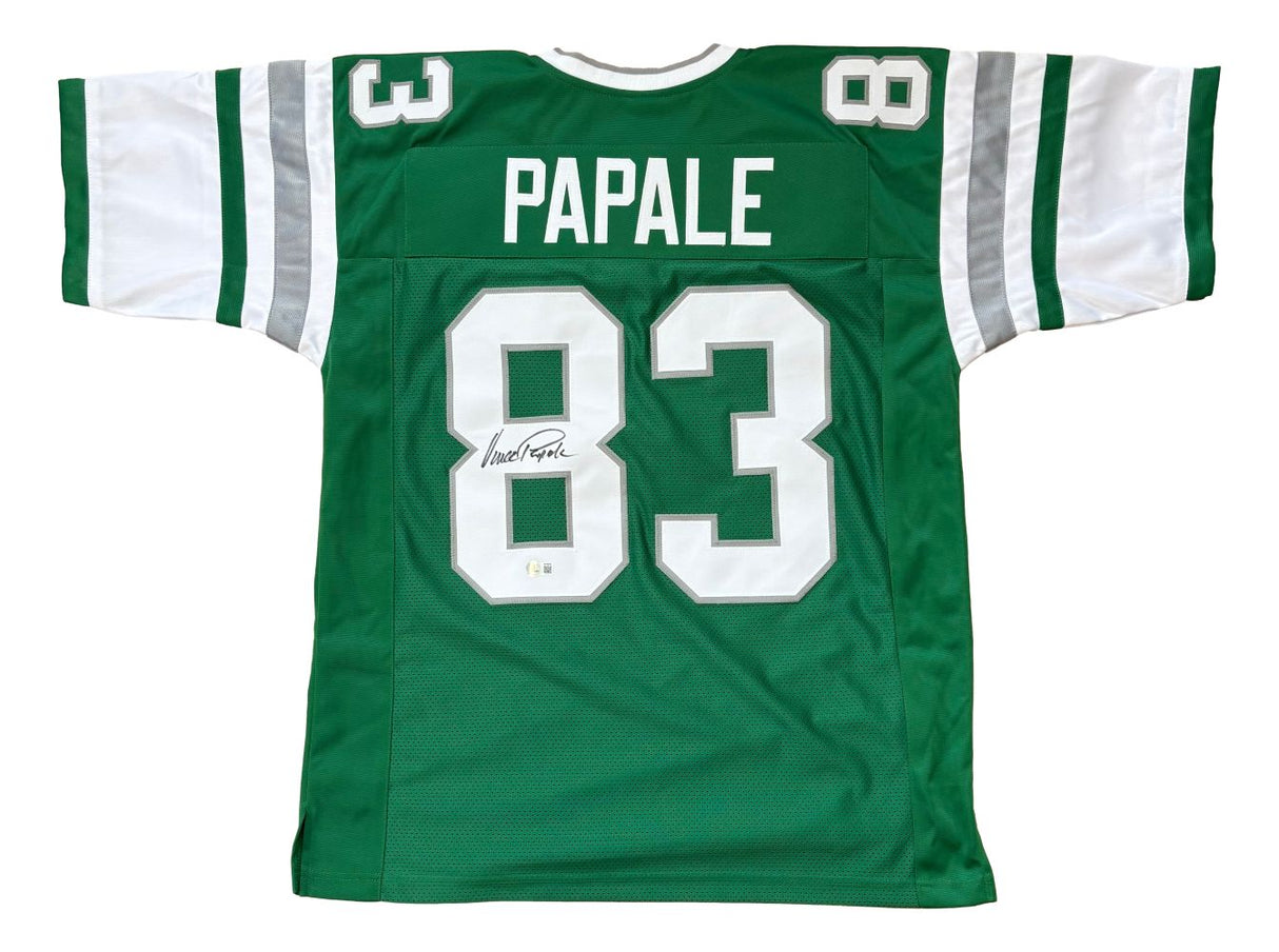 Sports Integrity Vince Papale Philadelphia Signed Green Football Jersey, with white sleeve stripes and "PAPALE 83" on the back. The number is autographed in black marker. BAS authenticated.