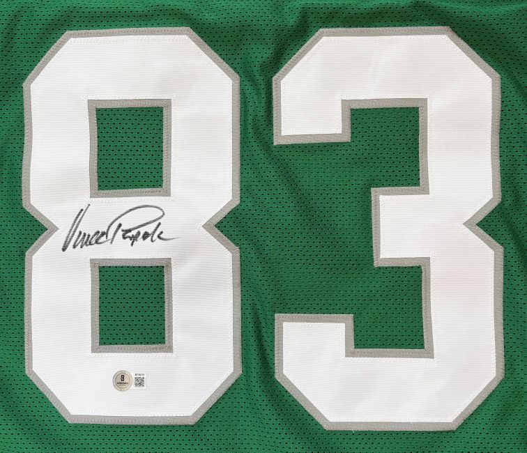 Sports Integrity Vince Papale Philadelphia Signed Green Football Jersey BAS featuring large white number 83 outlined in gray, black marker signature on left side of 8, and small authentication sticker below the autograph.