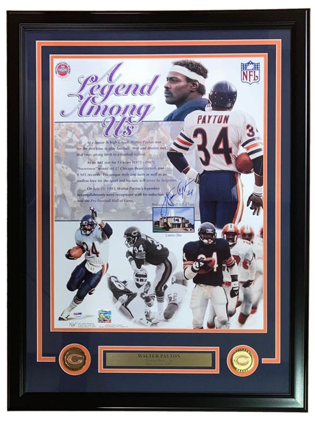The Sports Integrity Walter Payton Signed Framed 16x20 “Legend Among Us” Chicago Bears photo features his autograph, action images, jersey number 34, a plaque, and two gold medallions displayed at the bottom. Authenticated by PSA LOA.