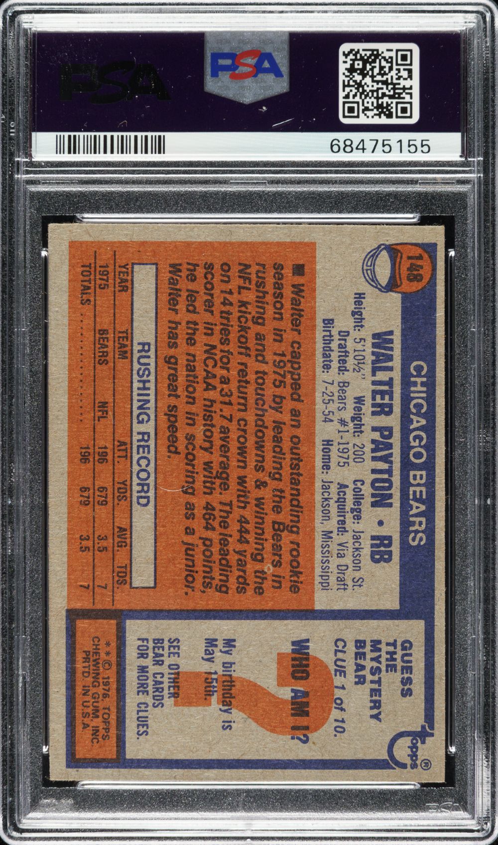Walter Payton 1976 Topps #148 Chicago Bears Rookie Card PSA VG-EX 4