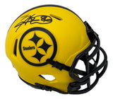 The Sports Integrity Hines Ward Signed Pittsburgh Steelers Rave Mini Speed Replica Helmet BAS features a yellow helmet with a black faceguard, Steelers logo, and Hines Ward’s autograph in black marker.