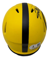 The Hines Ward Signed Pittsburgh Steelers Rave Mini Speed Replica Helmet by Sports Integrity features black stripes, visible vents, a QR code sticker with the number 8, and a large side autograph.