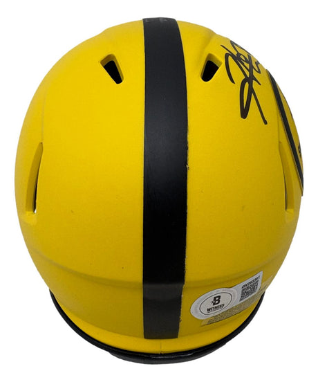 The Hines Ward Signed Pittsburgh Steelers Rave Mini Speed Replica Helmet by Sports Integrity features black stripes, visible vents, a QR code sticker with the number 8, and a large side autograph.