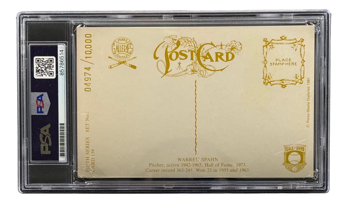 Warren Spahn Milwaukee Braves Signed 4x6 Perez-Steele Postcard PSA/DNA