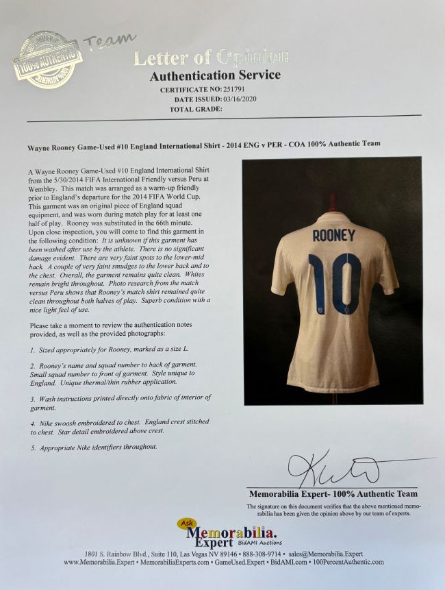 Wayne Rooney Game Used 2014 England Nike Soccer Jersey Memorabilia Expert LOA