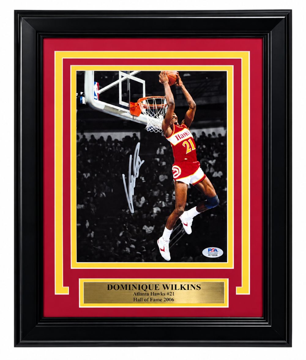 Dominique Wilkins Signed Framed 8x10 Atlanta Hawks Spotlight Reverse Dunk PSA