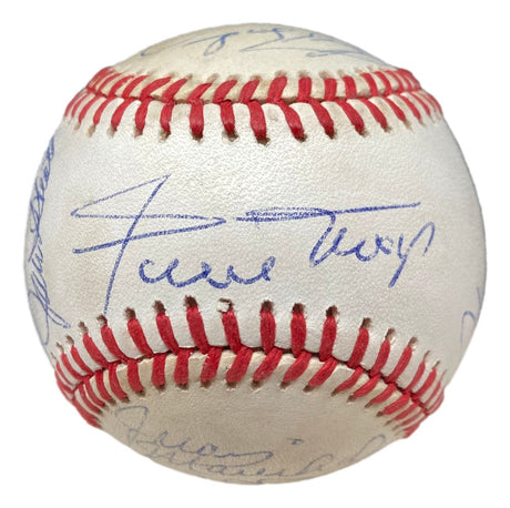 The Sports Integrity 1968 San Francisco Giants NL baseball features multiple blue ink signatures, highlighted by Willie Mays across the center. Comes with PSA/DNA LOA.