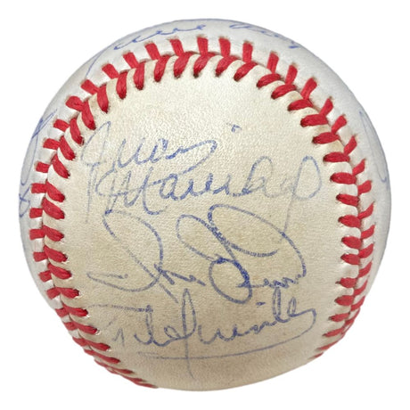 A close-up of a 1968 San Francisco Giants team-signed NL baseball by Sports Integrity shows overlapping blue ink autographs, including Willie Mays, covering much of the white surface with red stitching. PSA/DNA LOA included.