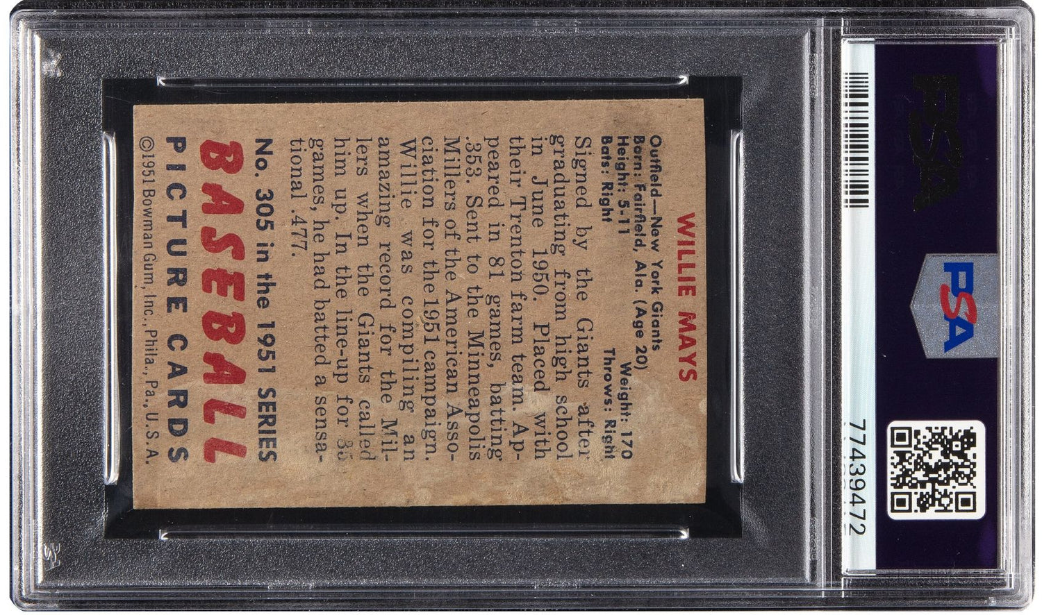 Willie Mays Signed 1951 Bowman #305 Giants Rookie Card PSA Auto Grade 10