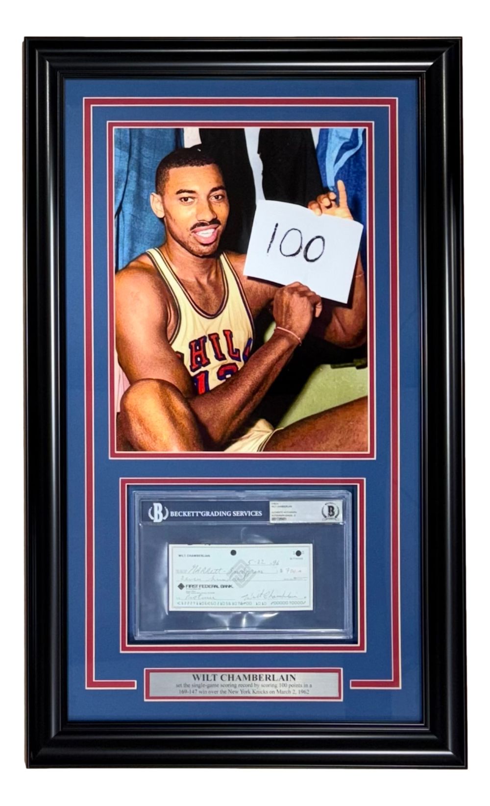 Wilt Chamberlain Signed Framed Check w/ 11x14 Warriors 100 Point Game Photo BAS