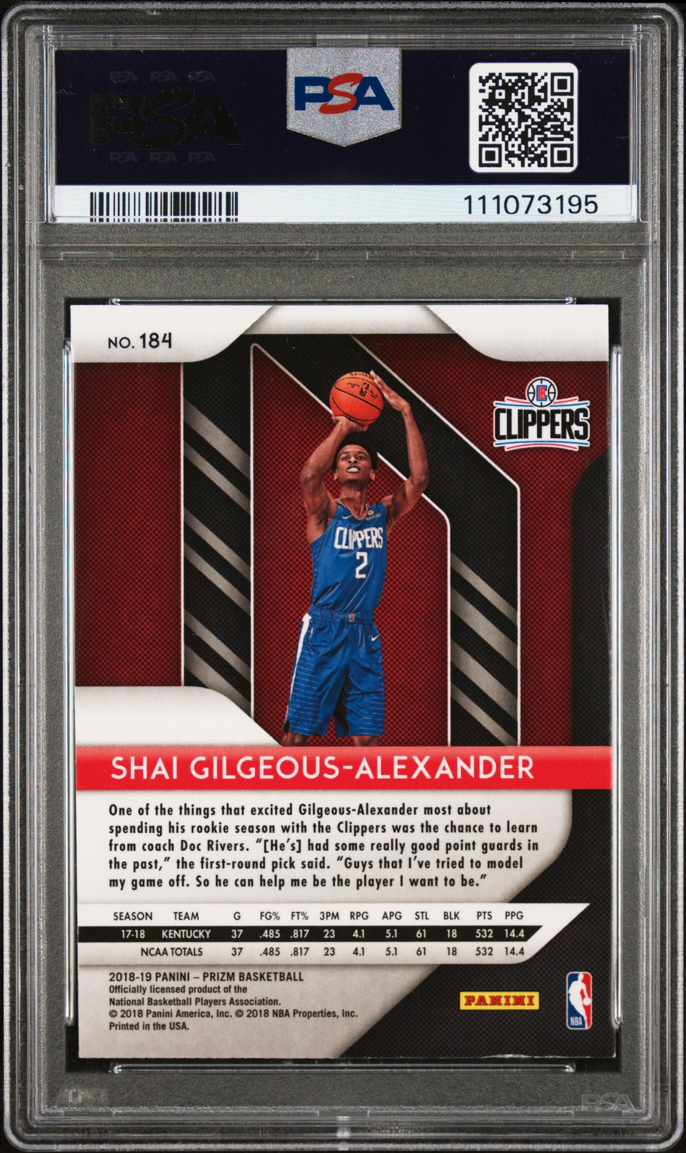 Shai Gilgeous-Alexander Signed 2018 Panini Prizm #184 Rookie Card PSA/DNA Slab