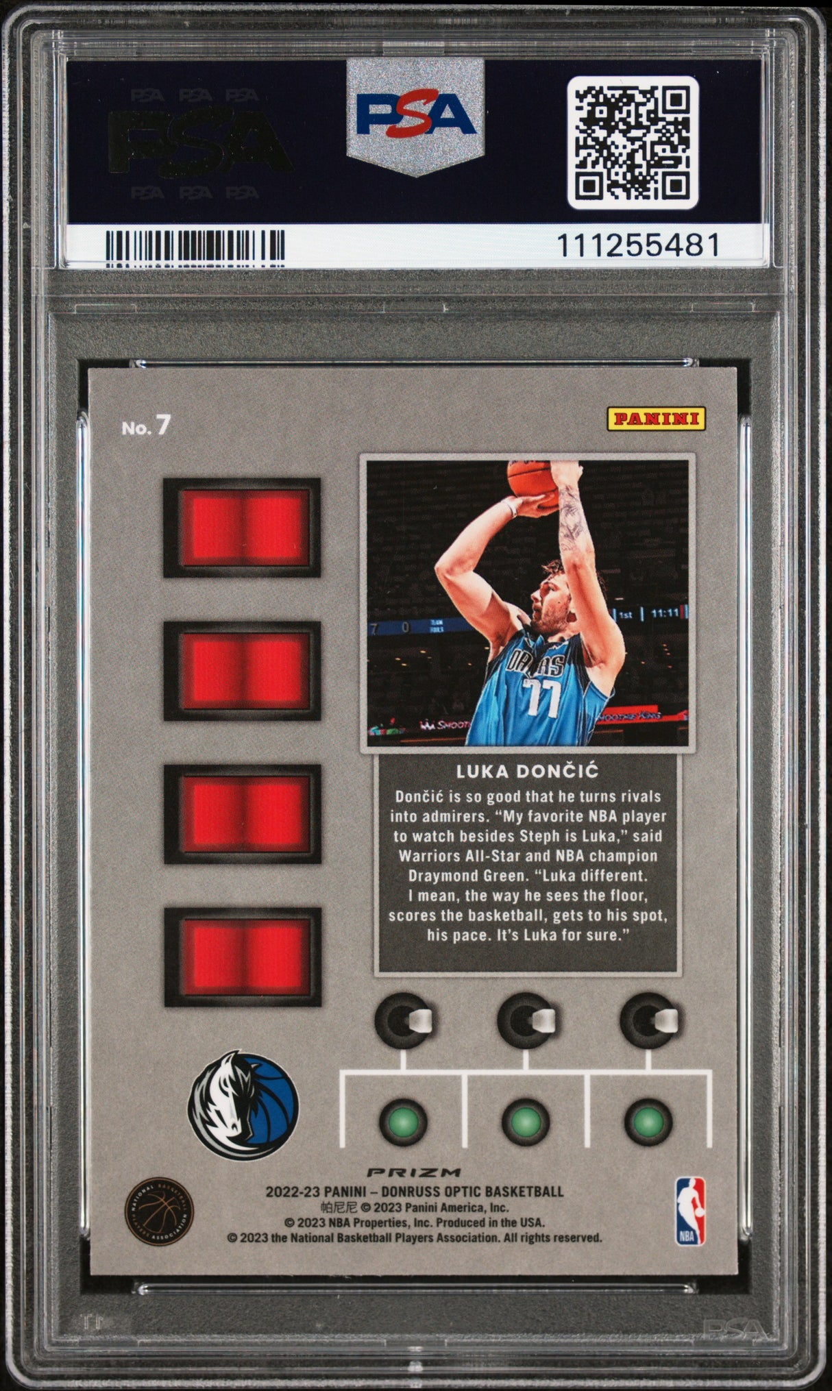 Luka Doncic Signed 2022 Donruss Optic T-Minus 3,2,1 Prizm Holo #7 Card PSA Slab