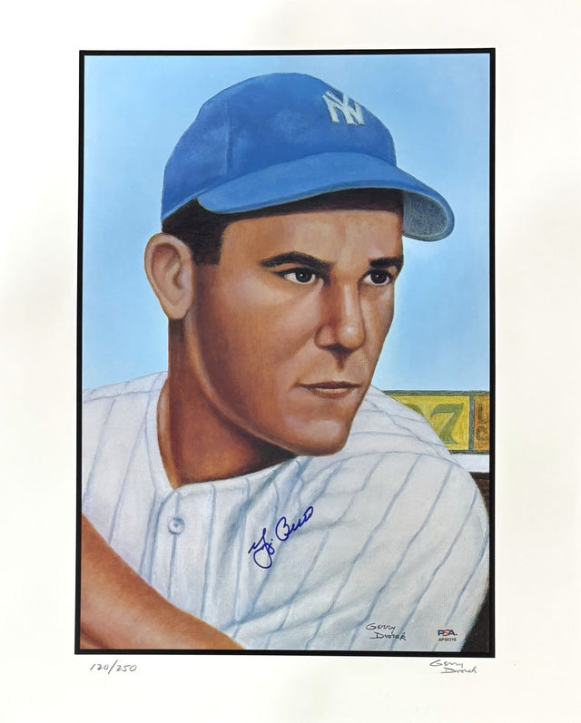 This Sports Integrity Yogi Berra Signed 16x20 Litho features Berra in a blue NY Yankees cap and pinstriped jersey. The Dvorak 1953 Topps LE/250 artwork is signed, numbered, and includes a PSA/DNA authenticated autograph.