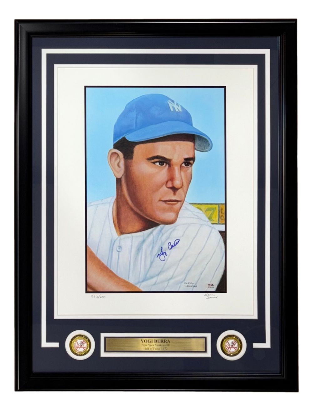 Sports Integrity Yogi Berra Signed Framed 16x20 Yankees Dvorak 1953 Topps LE/250 Litho PSA/DNA, featuring Berra’s autograph, two commemorative coins, and a nameplate in a display of the famed player in blue cap and white jersey.