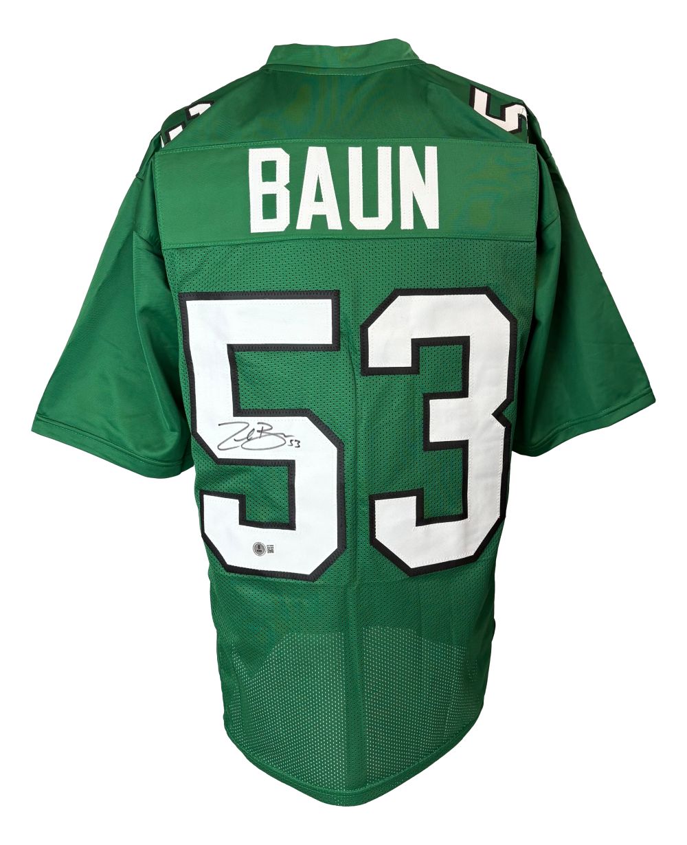 A Sports Integrity Zack Baun Philadelphia Kelly Green football jersey, signed on the number 5, features "BAUN" and white number 53 on the back. BAS authenticated.