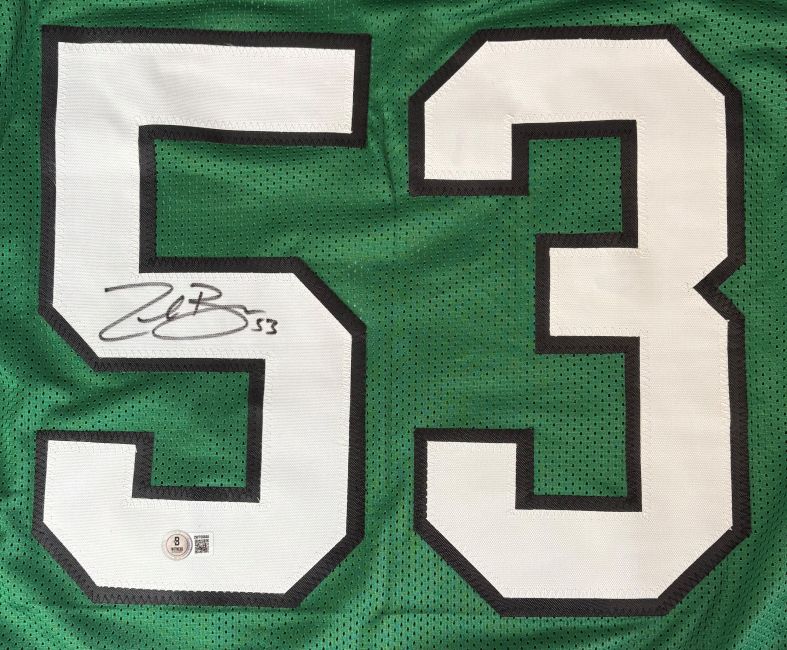 This Zack Baun Philadelphia Kelly Green Football Jersey by Sports Integrity features large white and black-outlined number 53, a black marker signature near the left-side number 5, and a BAS authentication sticker below.