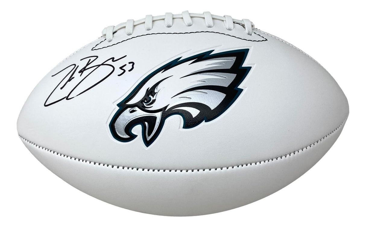 A Zack Baun Signed Philadelphia Eagles Logo Football by Sports Integrity, featuring his autograph and the number 53.