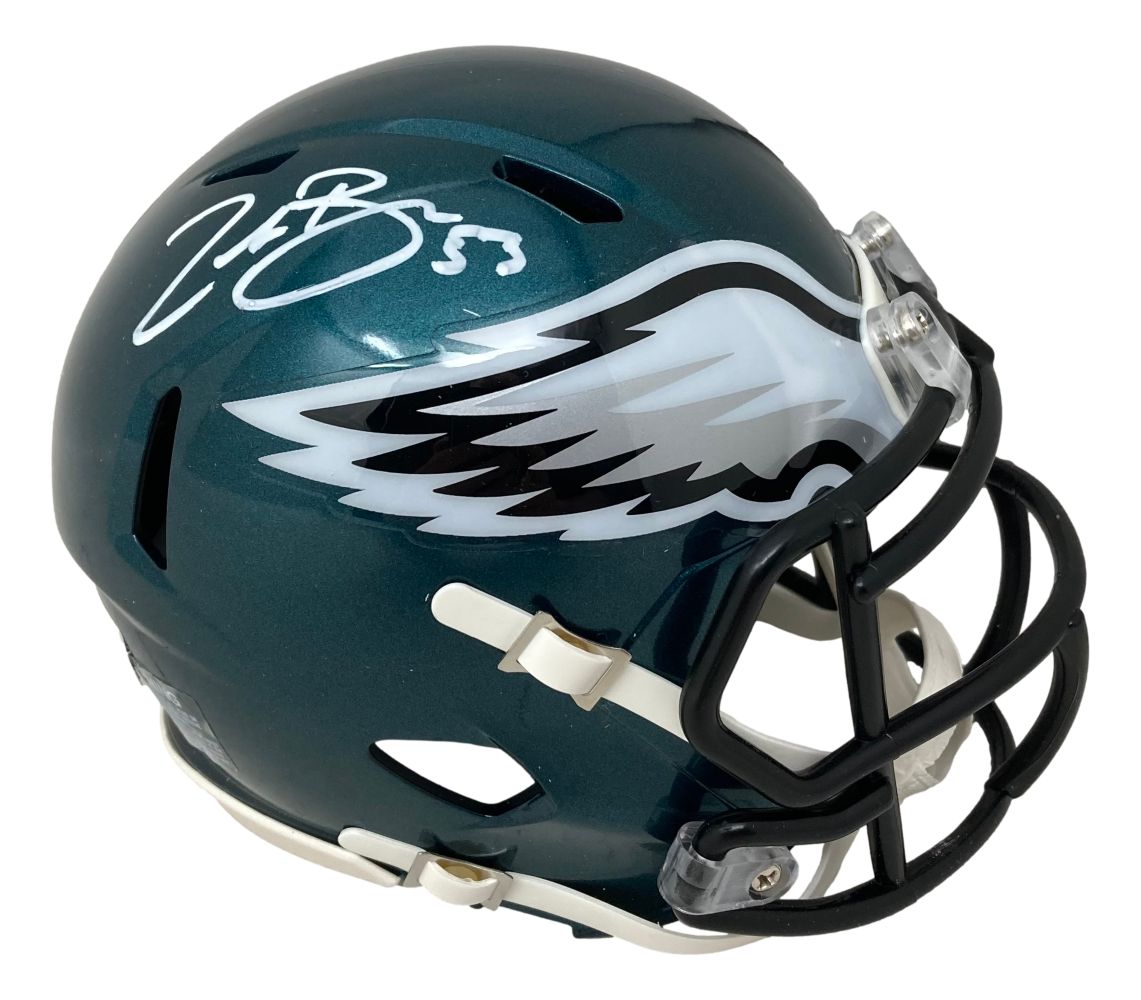 The Sports Integrity Zack Baun Signed Philadelphia Eagles Mini Speed Helmet features a silver wing logo and a white autograph on the top front left side.