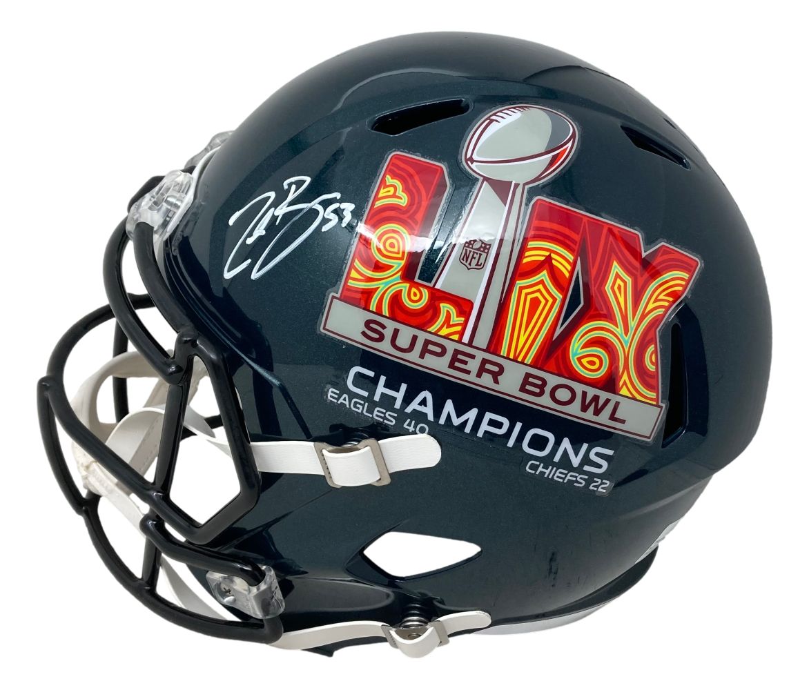 The Zack Baun Signed Philadelphia Eagles FS Super Bowl 59 Speed Replica Helmet by Sports Integrity features a dark design, colorful Super Bowl logo, "CHAMPIONS Eagles 40 Chiefs 22" text, white signature, and black faceguard.