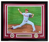 The Sports Integrity Zack Wheeler Signed Framed 16x20 Philadelphia Phillies Photo by Fanatics features the Phillies pitcher mid-pitch in uniform, with a nameplate and two team logos in the bottom corners.