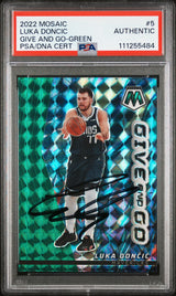 Luka Doncic Signed 2022 Mosaic Give and Go Green Prizm #5 Card PSA Slabbed