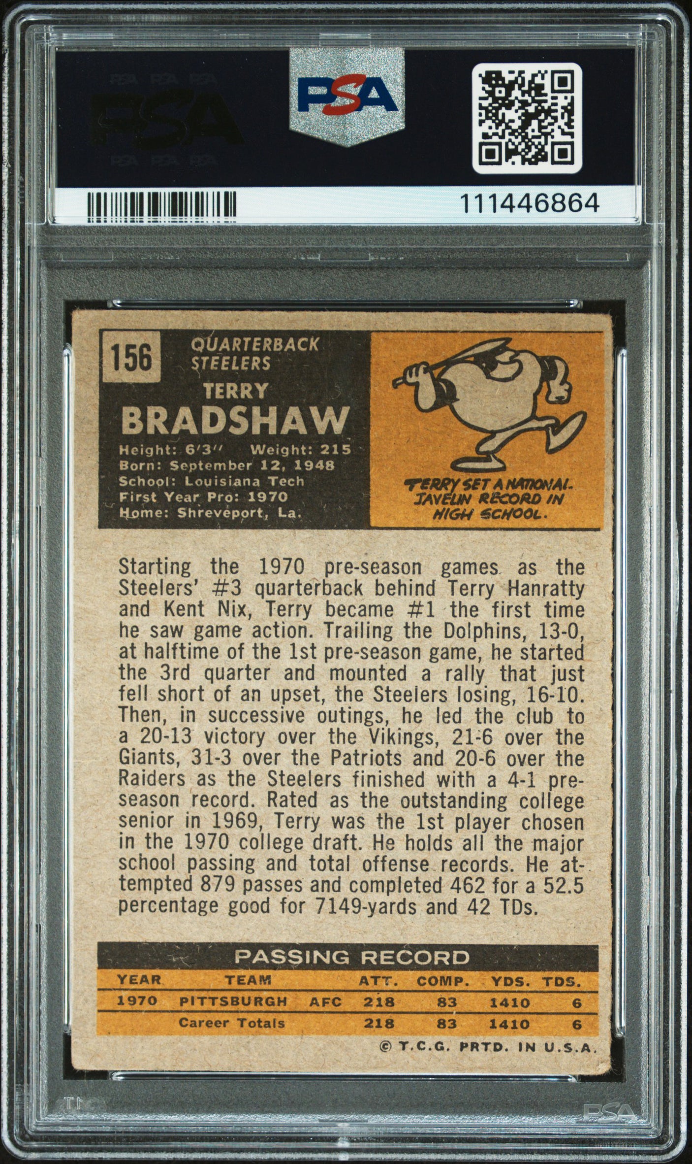 Steelers Terry Bradshaw Signed 1971 Topps #156 Rookie Card Auto 10! PSA Slab 2