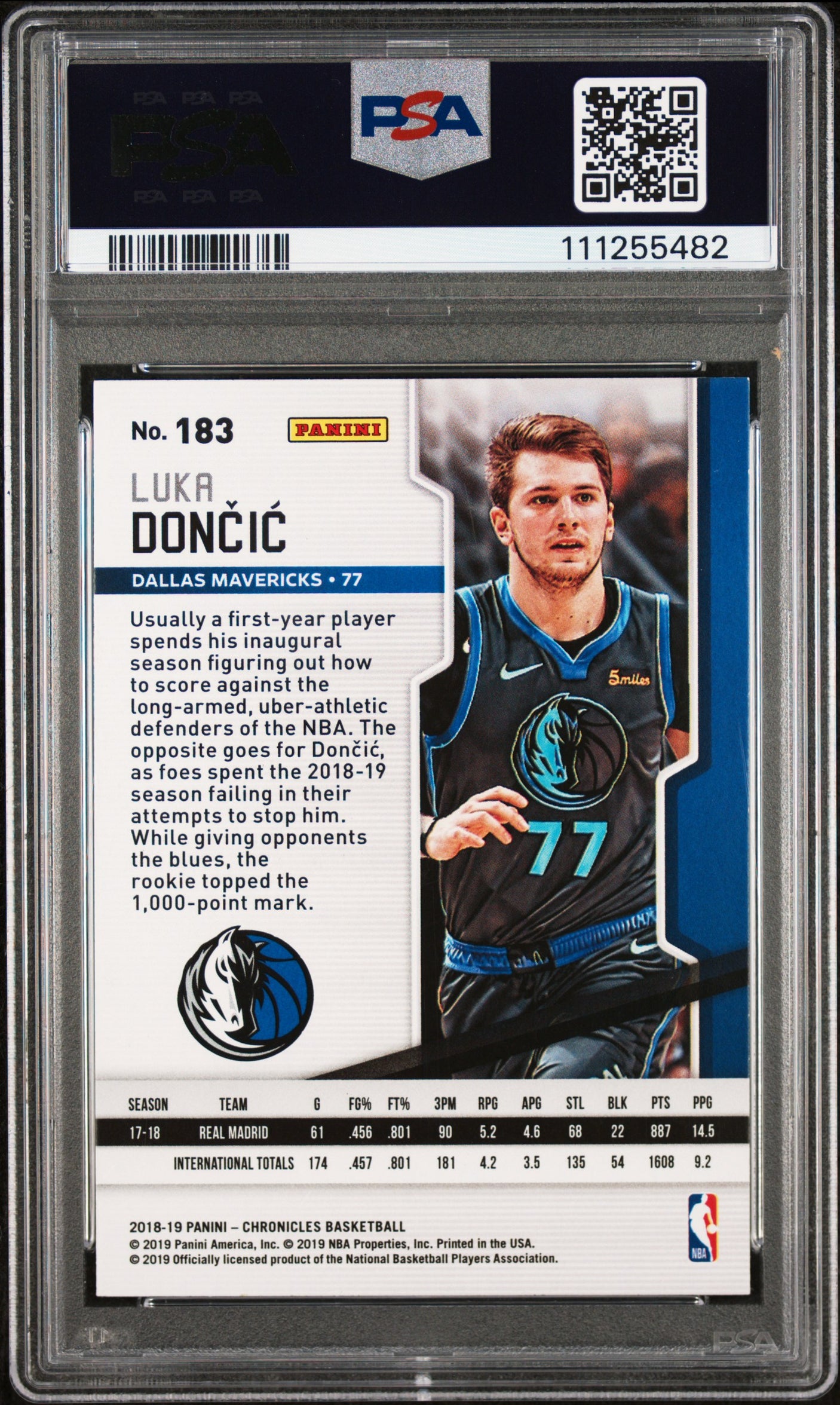 Luka Doncic Authentic Signed 2018 Panini Chronicles #183 Rookie Card PSA Slabbed