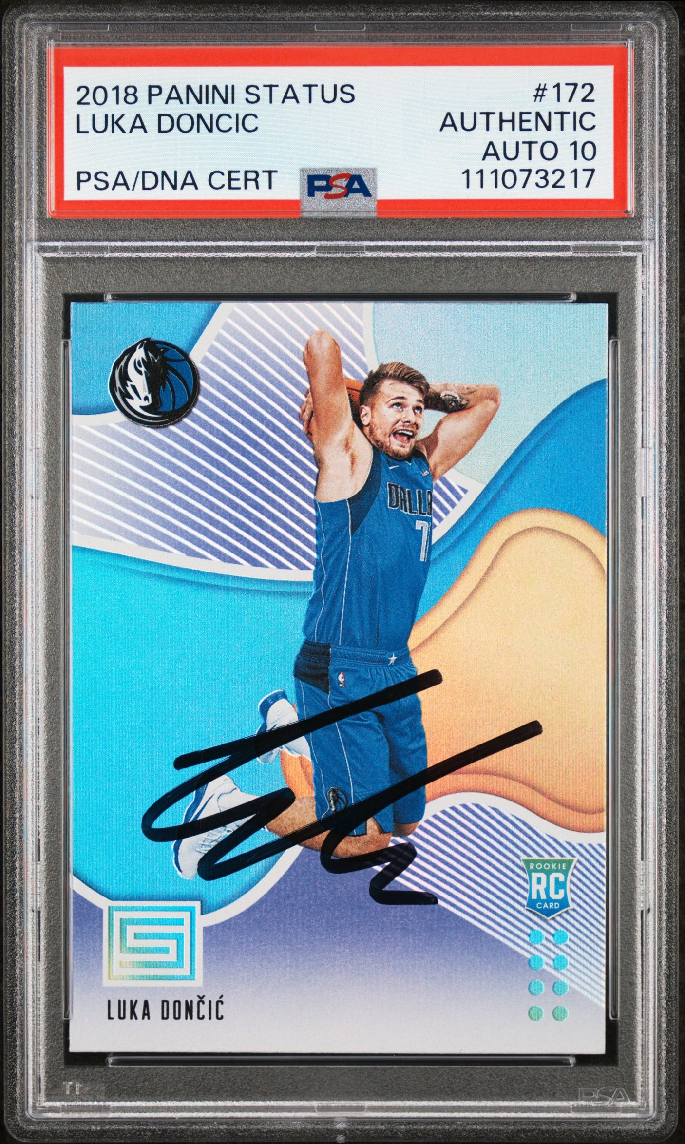 Luka Doncic Signed 2018 Panini Status #172 Rookie Card Auto 10! PSA/DNA Slabbed