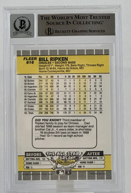 1989 Fleer #616E Billy Ripken Auto Baltimore Orioles BAS Autograph 10 Image 2