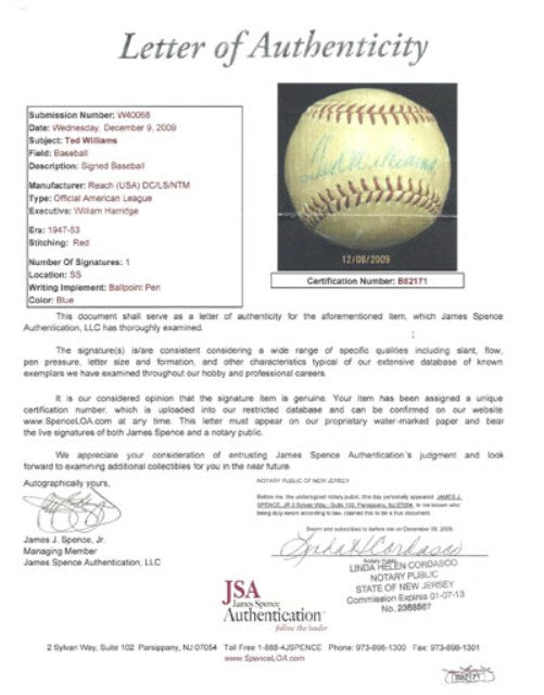 Ted Williams Autographed Official AL Harridge Baseball Boston Red Sox JSA #B82171 - PristineMarketplace
