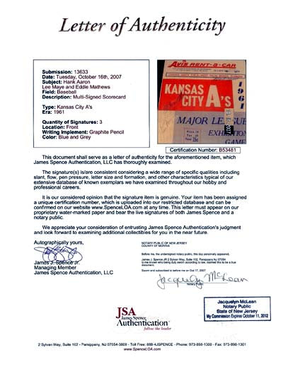 Hank Aaron, Eddie Mathews & Lee Maye Autographed 1961 Scorecard Kansas City A's JSA #B53481 - PristineMarketplace
