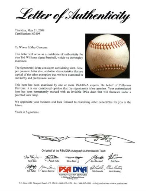 Ted Williams Autographed Official NL Giles Baseball Boston Red Sox PSA/DNA