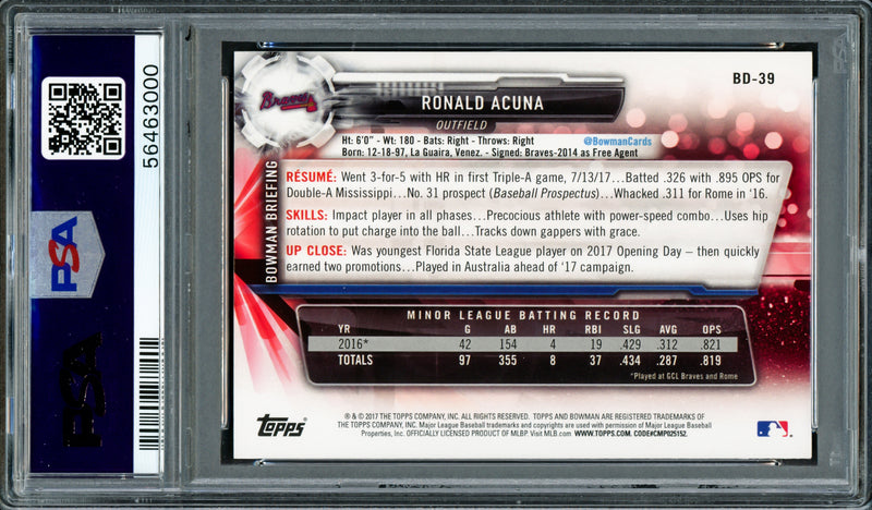 Ronald Acuna Jr. Autographed 2017 Bowman Draft Rookie Card #BD39 Atlanta Braves PSA 10 Auto Grade Mint 9 PSA/DNA #56463000