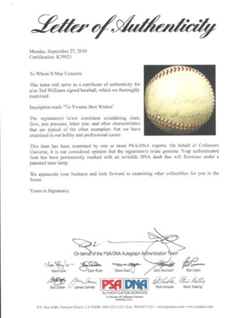 Ted Williams Autographed Official AL Harridge Baseball Boston Red Sox "To Yvonne, Best Wishes" 1950's Vintage Signature PSA/DNA #K39921 - PristineMarketplace