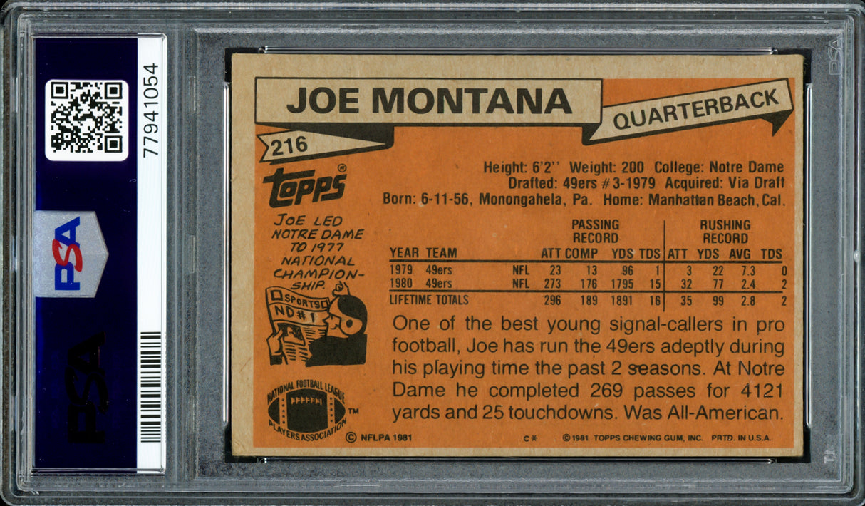 Joe Montana Autographed 1981 Topps Rookie Card #216 San Francisco 49ers Auto Grade Gem Mint 10 PSA/DNA #77941054