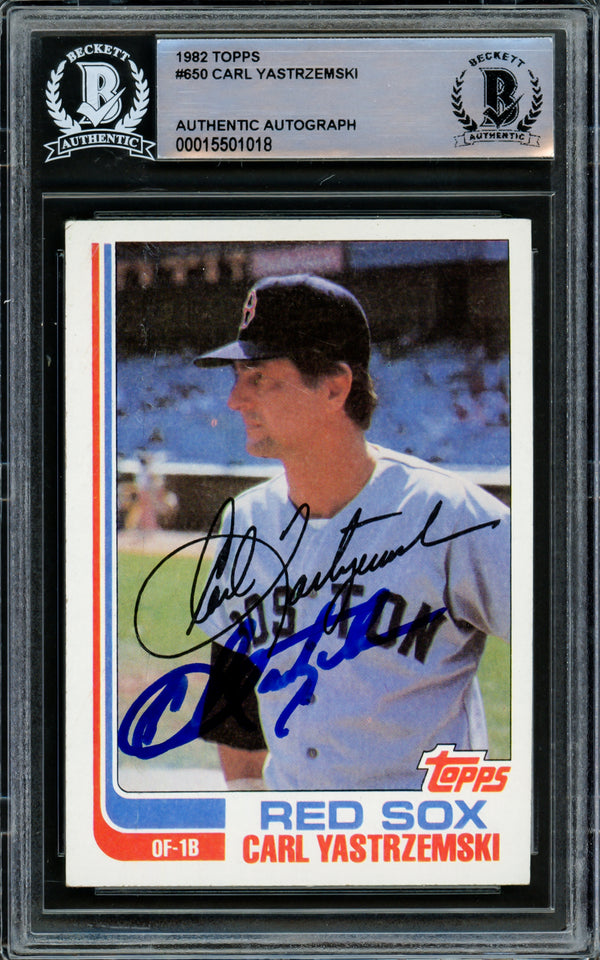 Carl Yastrzemski Autographed 1982 Topps Card #650 Boston Red Sox Beckett BAS #15501018