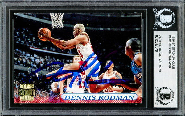 Dennis Rodman Autographed 1996-97 Stadium Club Card #130 Chicago Bulls Beckett BAS Stock #220321