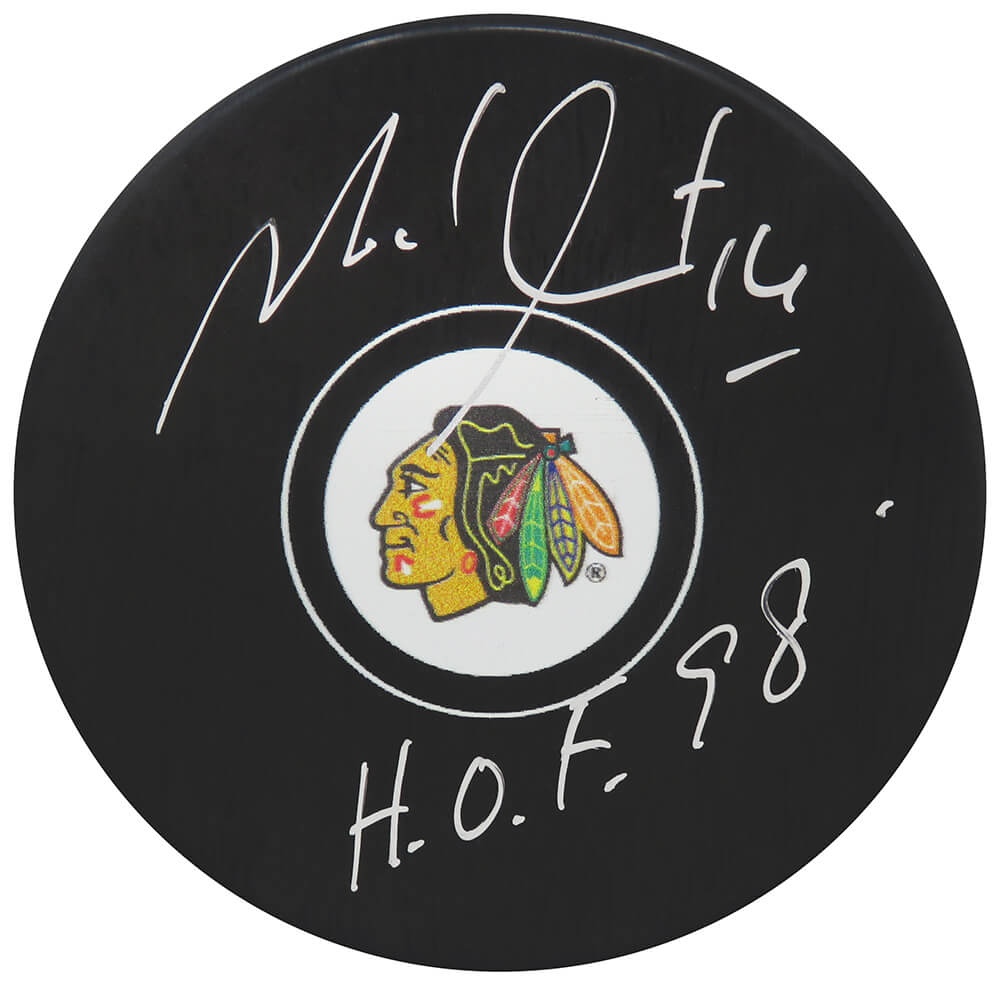 Michel Goulet Signed Chicago Blackhawks Logo Hockey Puck w/HOF'98