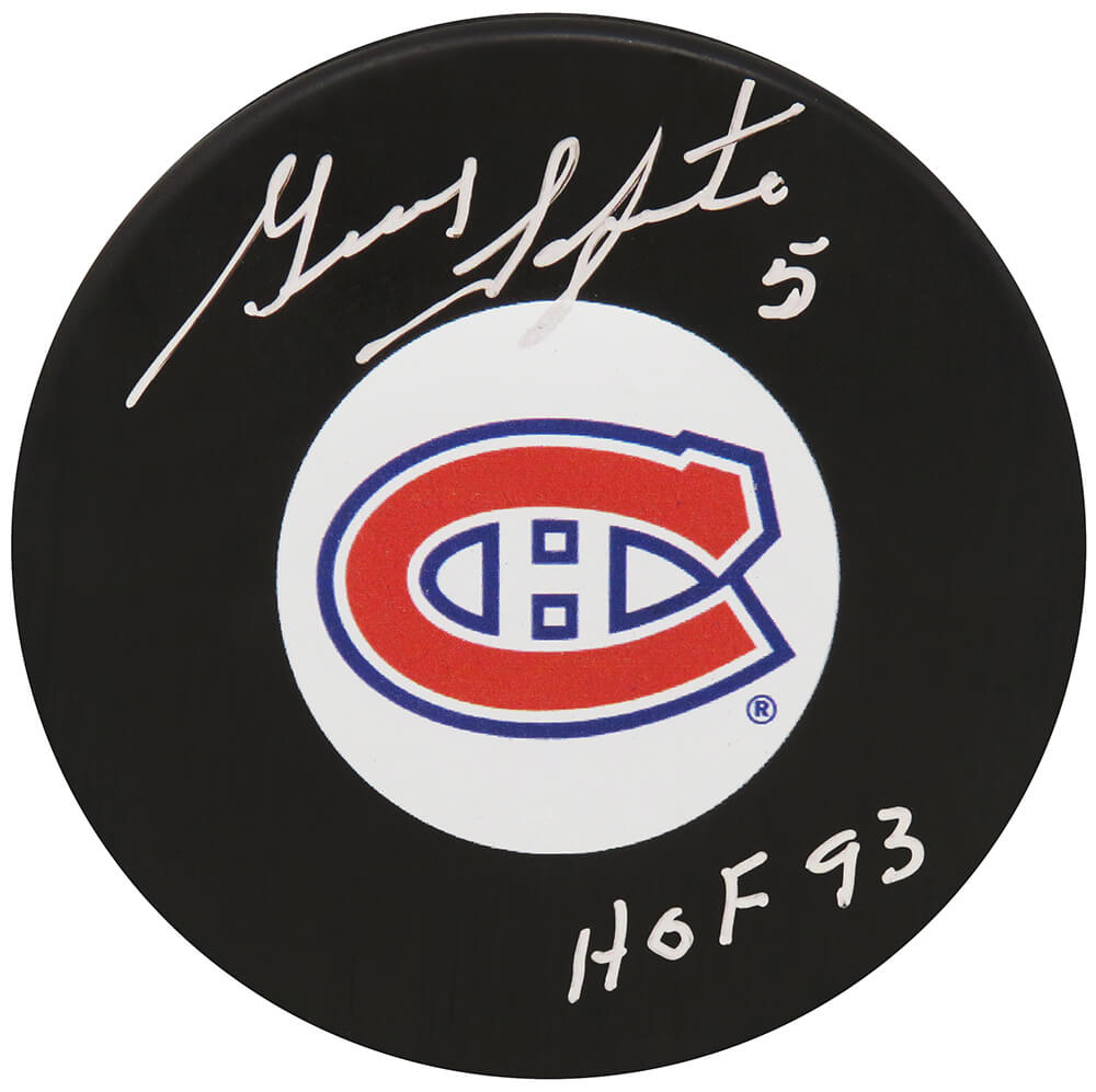 Guy Lapointe Signed Montreal Canadiens Team Logo Hockey Puck w/HOF'93