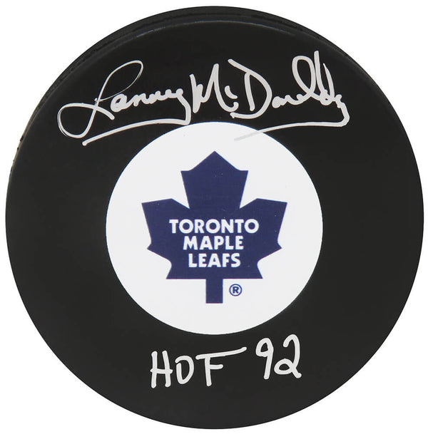 Lanny McDonald Signed Maple Leafs Logo Hockey Puck w/HOF'92
