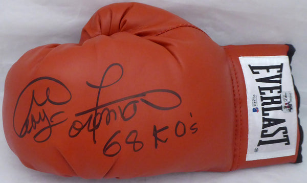 George Foreman Autographed Red Everlast Boxing Glove LH Signed In Black "68 KO's" Beckett BAS Stock #178342