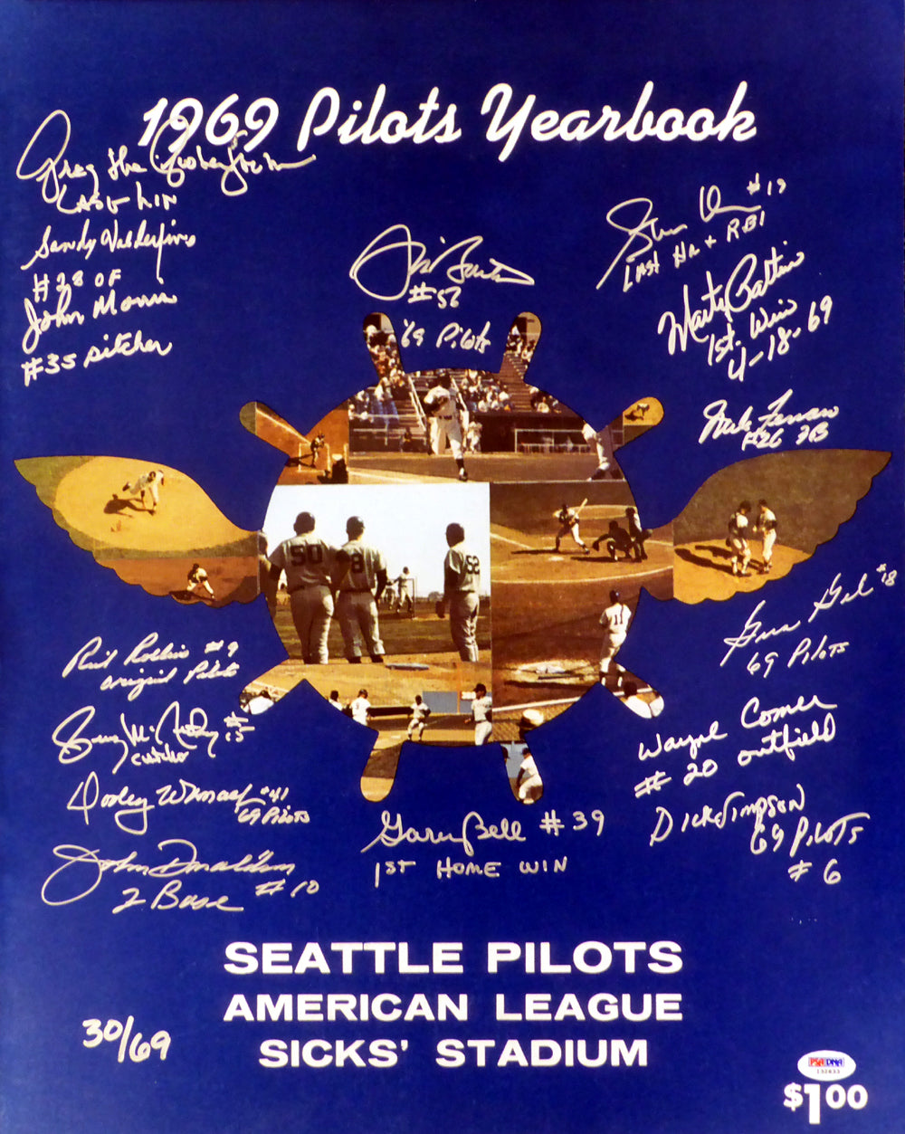 1969 Inaugural Season Seattle Pilots Autographed 16x20 Photo With 15 Total Signatures Including Jim Bouton #/69 PSA/DNA Stock #1015 - PristineMarketplace